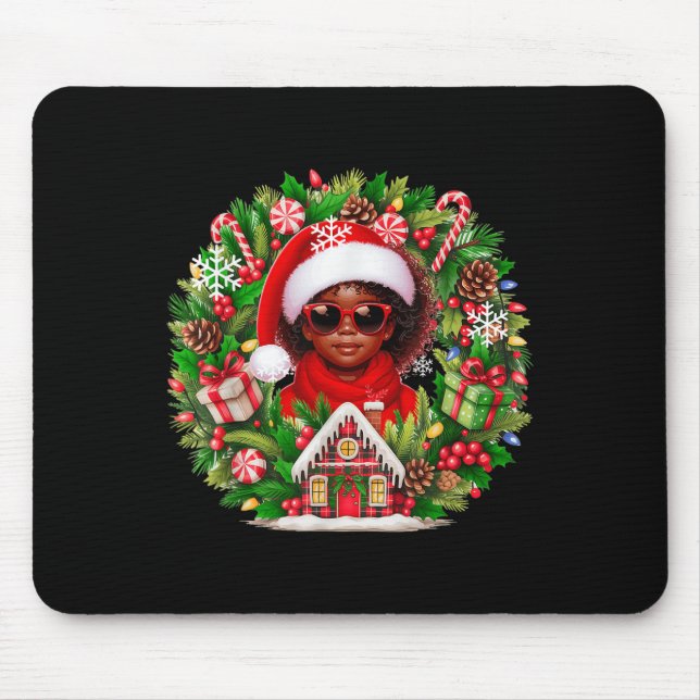 Santa Afro Kid Girl Sungles Xmas Floral Cirle Colo Mouse Mat (Front)