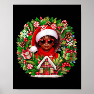 Santa Afro Kid Girl Sungles Xmas Floral Cirle Colo Poster