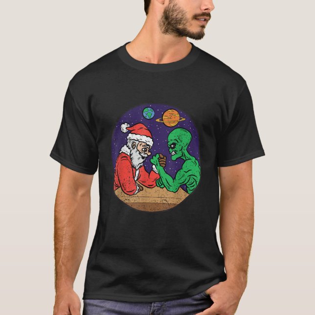 Santa Alien Arm Wrestling Christmas Pajama Funny X T-Shirt (Front)