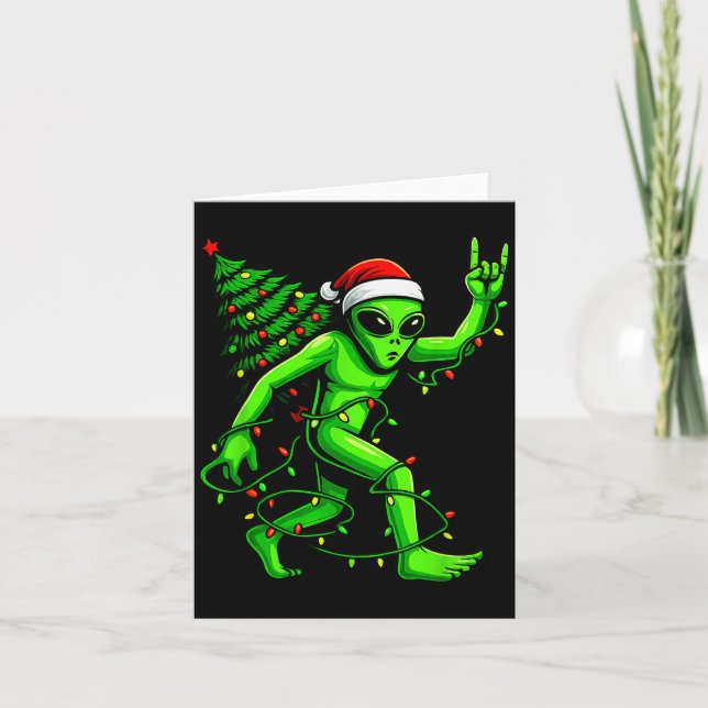 Santa Alien Christmas Tree Xmas Lights Funny Ufo  Card (Front)