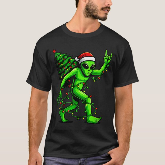 Santa Alien Christmas Tree Xmas Lights Funny Ufo  T-Shirt (Front)