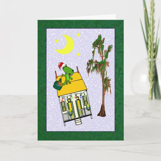 Santa Alligator Cajun House Christmas (green) Holiday Card (Front)