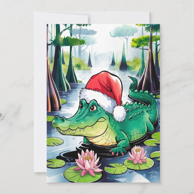 Santa Alligator On The Bayou Holiday Card (Front)