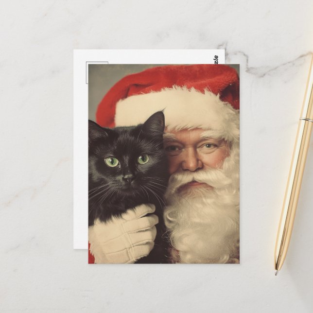 Santa and a Cute Black Cat Postcard (Front/Back In Situ)