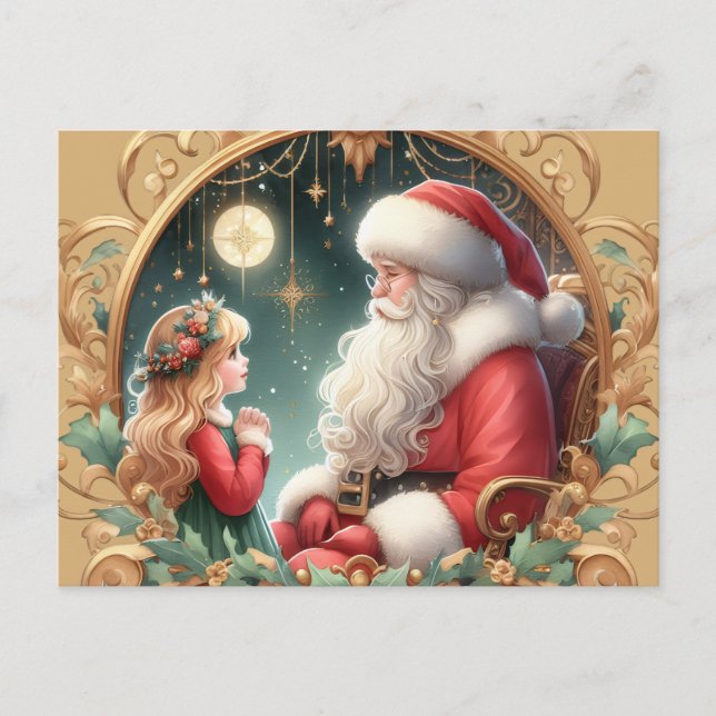 Santa and a little girl, red & gold Postcard (Front)