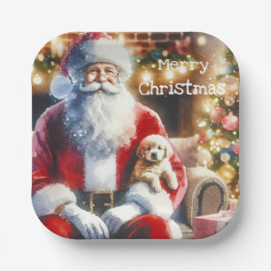 Santa and a Puppy   Vintage Christmas Paper Plate