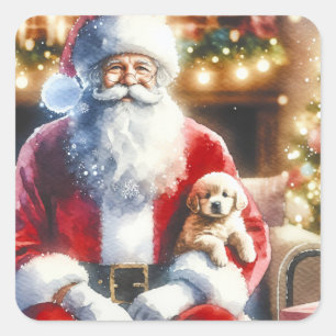 Santa and a Puppy Vintage Christmas Square Sticker