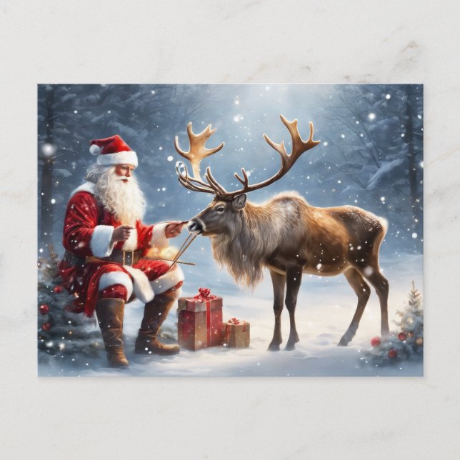 Santa and a Reindeer art Postcard (Front)