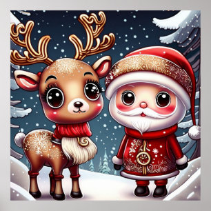 Santa And A Reindeer Poster