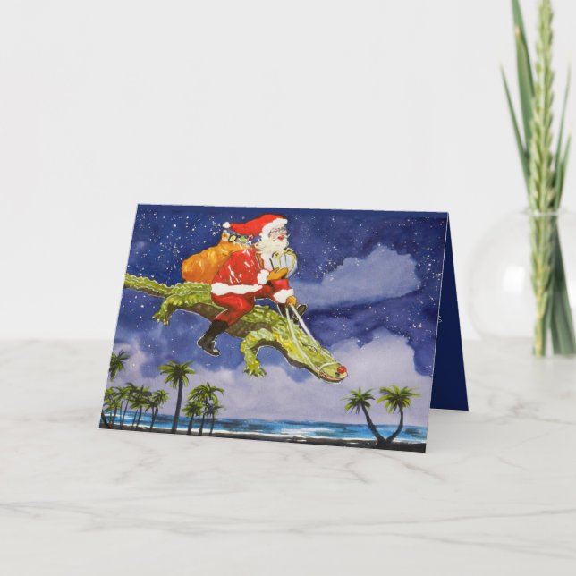Santa and Alligator Folded Holiday Card (Front)