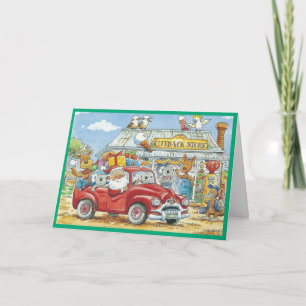 Santa and animals riding a pickup truck holiday card