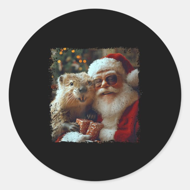 Santa And Beaver Selfie Funny Christmas Design  Classic Round Sticker (Front)
