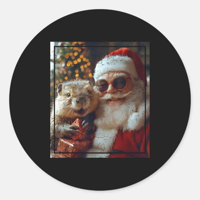 Santa And Beaver Selfie Funny Christmas Design  Classic Round Sticker (Front)