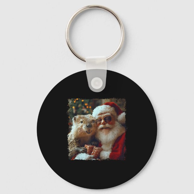 Santa And Beaver Selfie Funny Christmas Design  Key Ring (Front)