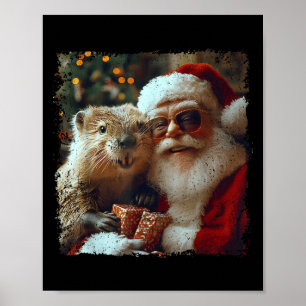 Santa And Beaver Selfie Funny Christmas Design Poster