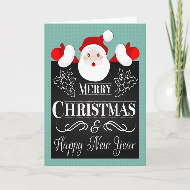 Santa and Chalkboard with Holly for Christmas Holiday Card (Front)