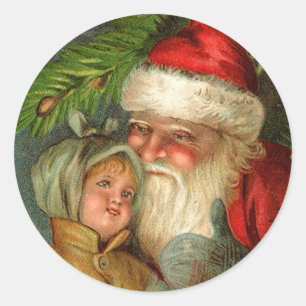 Santa and Child BFF Vintage Art Christmas Cards Classic Round Sticker