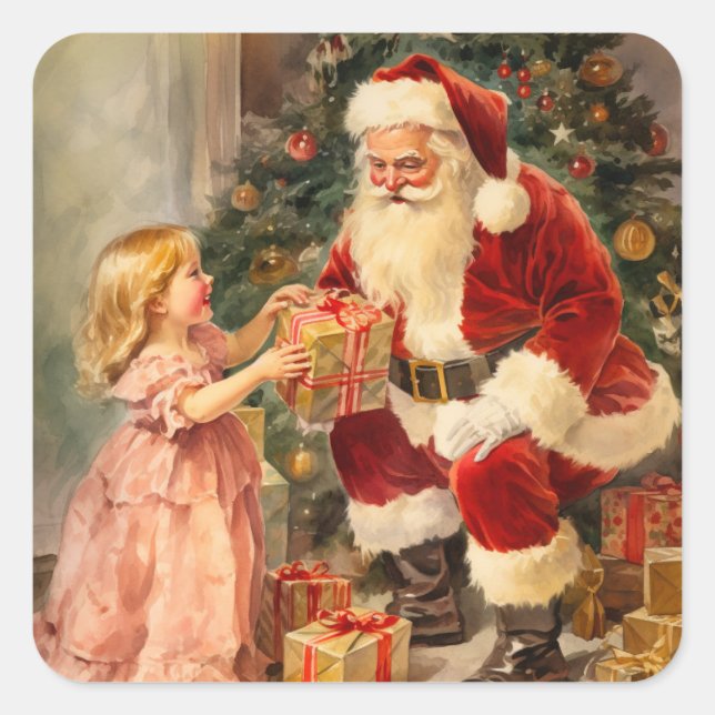 Santa and Child Vintage Christmas Square Sticker (Front)