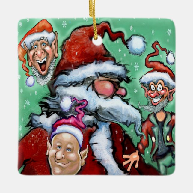 Santa and Christmas Elves Ceramic Ornament (Front)