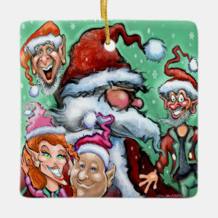 Santa and Christmas Elves Ceramic Ornament