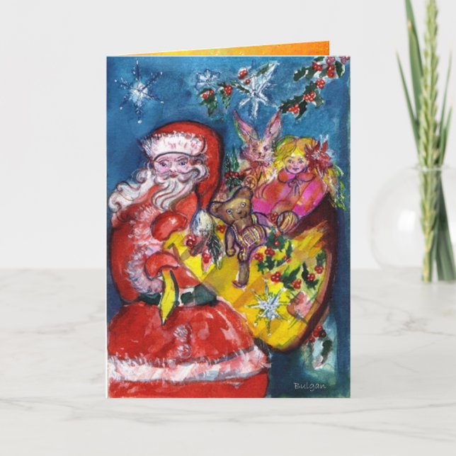 SANTA AND CHRISTMAS GIFT SACK,TOYS Yellow Sparkles Holiday Card (Front)
