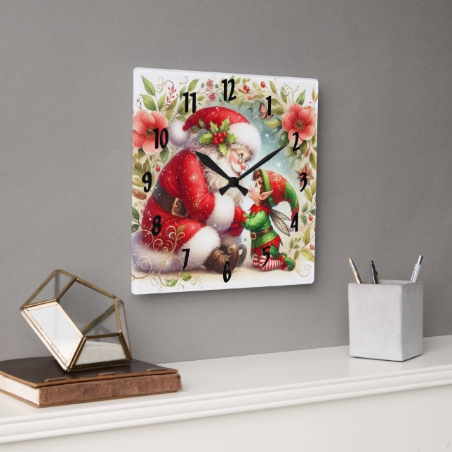 Santa And Elf 6 Square Wall Clock (Office)