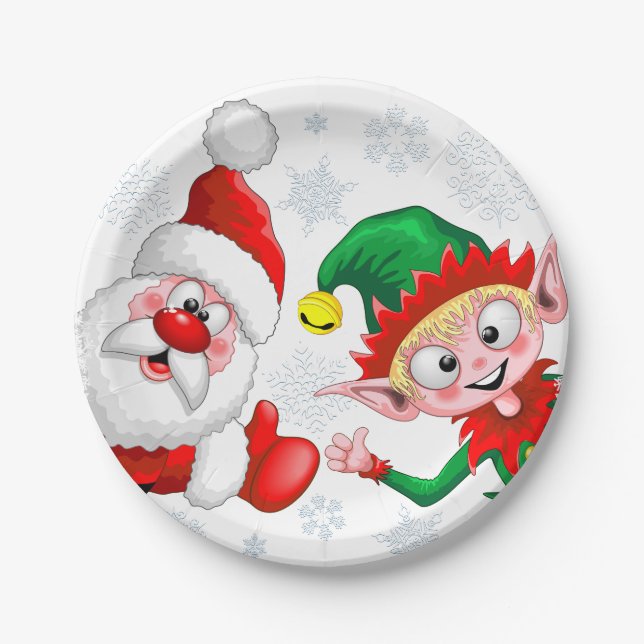 Santa and Elf Christmas Characters Thumbs Up   Paper Plate (Front)