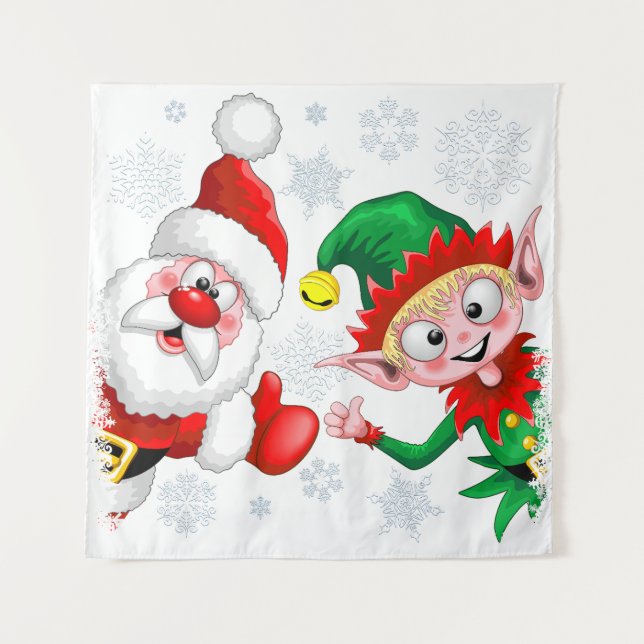 Santa and Elf Christmas Characters Thumbs Up  Post Tapestry (Front)