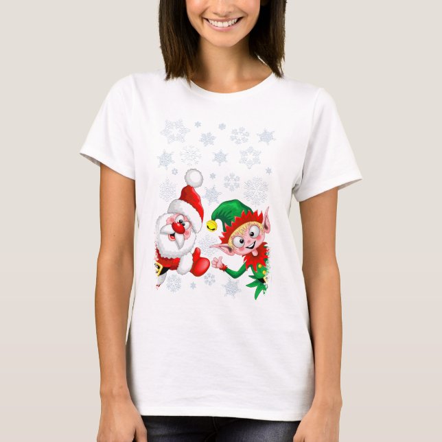 Santa and Elf Christmas Characters Thumbs Up  T-Shirt (Front)
