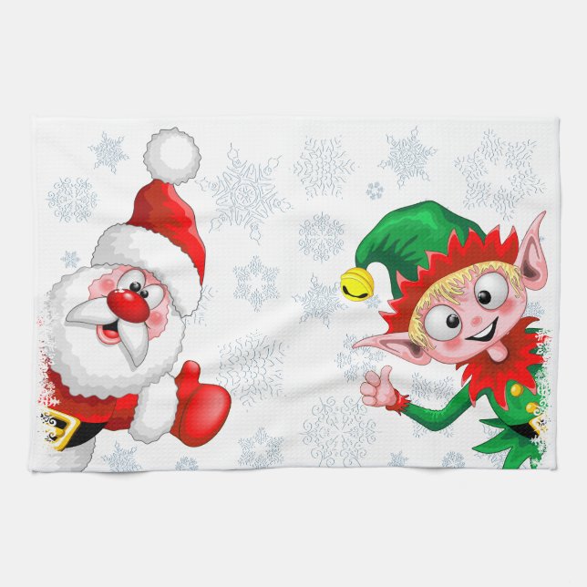 Santa and Elf Christmas Characters Thumbs Up  Tea Towel (Horizontal)