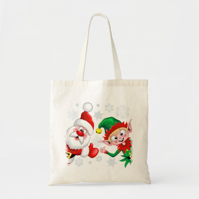Santa and Elf Christmas Characters Thumbs Up  Tote Bag (Front)