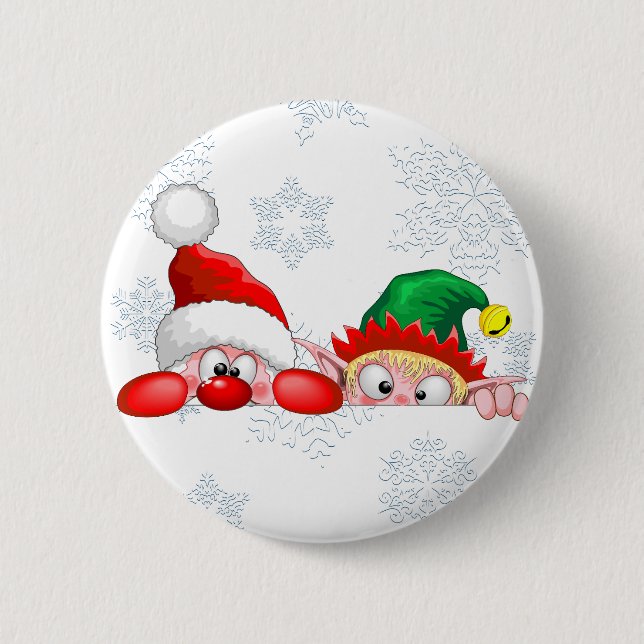 Santa and Elf Cute and funny Characters Peeking   6 Cm Round Badge (Front)