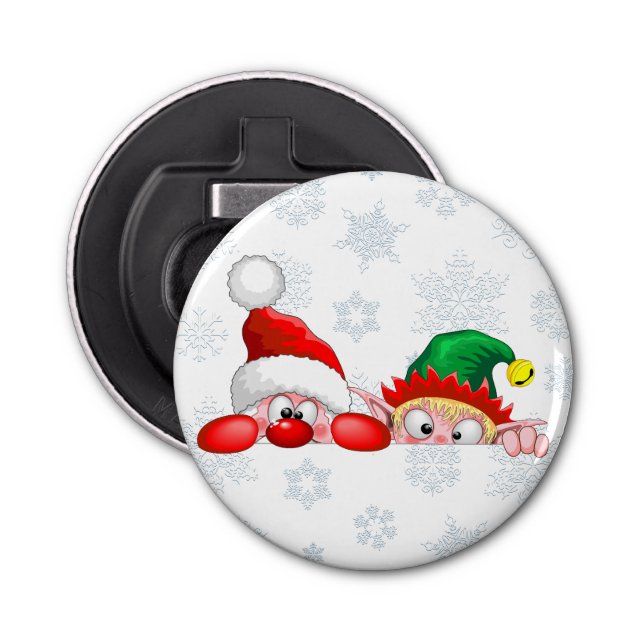 Santa and Elf Cute and funny Characters Peeking  Bottle Opener (Front)