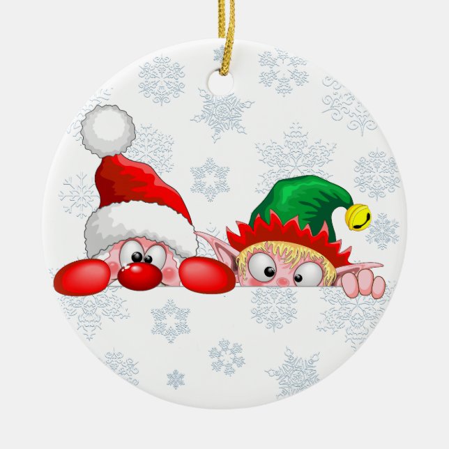 Santa and Elf Cute and funny Characters Peeking   Ceramic Tree Decoration (Front)