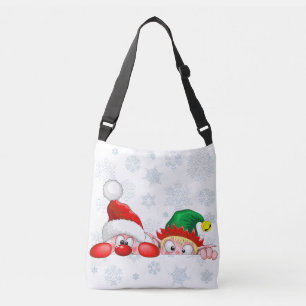 Santa and Elf Cute and funny Characters Peeking Crossbody Bag