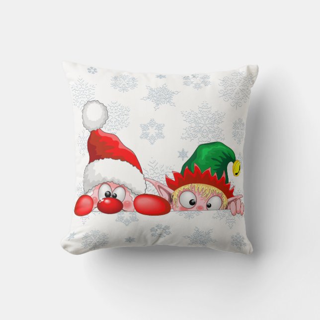 Santa and Elf Cute and funny Characters Peeking  Cushion (Front)