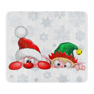 Santa and Elf Cute and funny Characters Peeking  Cutting Board