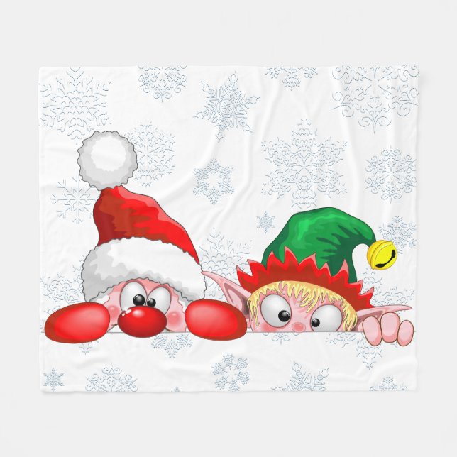 Santa and Elf Cute and funny Characters Peeking   Fleece Blanket (Front (Horizontal))