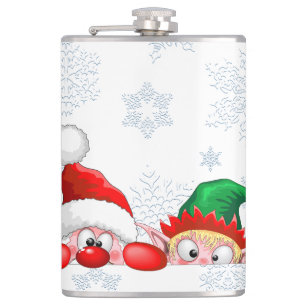Santa and Elf Cute and funny Characters Peeking  Hip Flask