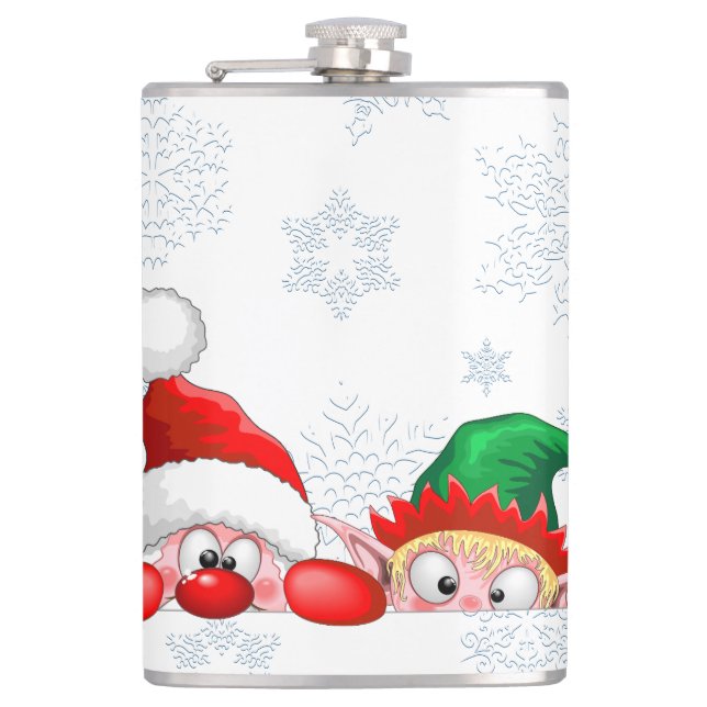 Santa and Elf Cute and funny Characters Peeking  Hip Flask (Front)