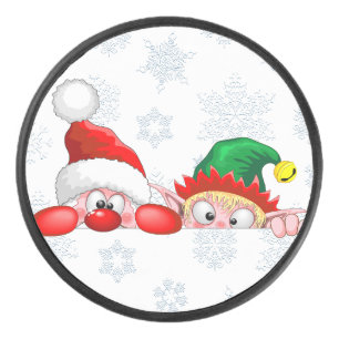 Santa and Elf Cute and funny Characters Peeking Hockey Puck