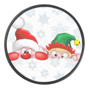 Santa and Elf Cute and funny Characters Peeking Hockey Puck