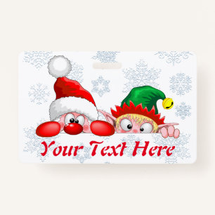 Santa and Elf Cute and funny Characters Peeking  ID Badge