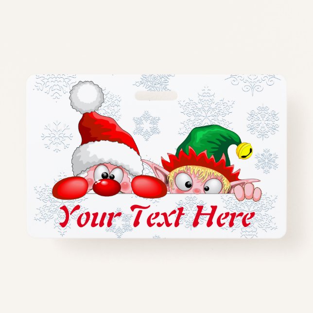 Santa and Elf Cute and funny Characters Peeking  ID Badge (Front)