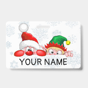 Santa and Elf Cute and funny Characters Peeking   ID Badge