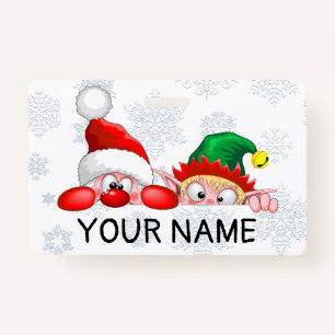 Santa and Elf Cute and funny Characters Peeking ID Badge