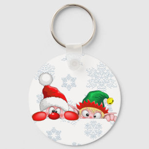 Santa and Elf Cute and funny Characters Peeking Key Ring