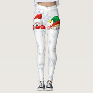 Santa and Elf Cute and funny Characters Peeking  Leggings
