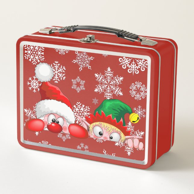 Santa and Elf Cute and funny Characters Peeking  Metal Lunch Box (Front)