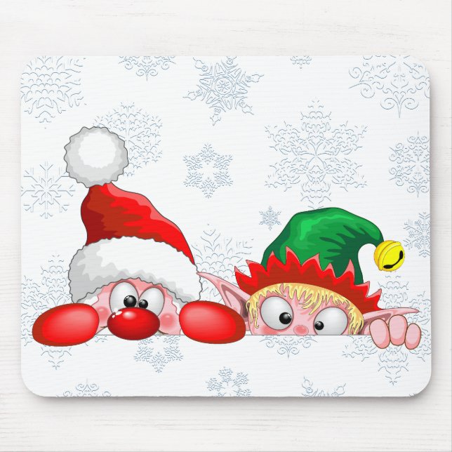Santa and Elf Cute and funny Characters Peeking  Mouse Mat (Front)